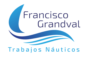 Logotipo con forma de medialuna azul y líneas onduladas, con el texto "Francisco Grandval Trabajos Náuticos". Conocidos por nuestro excepcional servicio de mantenimiento de barcos en Barcelona, nos aseguramos de que sus necesidades náuticas sean atendidas de manera experta.