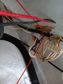 Un grupo de cables de distintos colores está conectado a un bloque de unión contra una pared blanca, con un desgaste visible alrededor del área de montaje, que recuerda las meticulosas configuraciones que a menudo se ven en el Grandval Náutico de Barcelona.