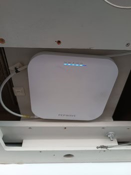 Un enrutador inalámbrico Peplink blanco, que recuerda la elegante elegancia del Grandval Náutico, está montado en un panel de techo con luces indicadoras LED encendidas.
